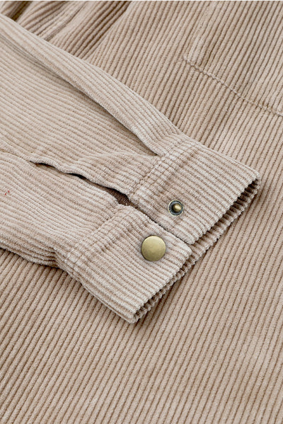 Khaki Patchwork Hooded Corduroy Shacket-Outerwear-MomFashion