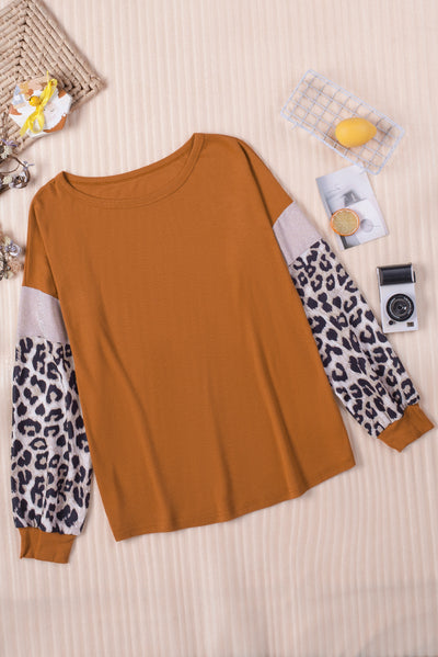 Brown Leopard Sequin Patchwork Long Sleeve Top-Tops-MomFashion