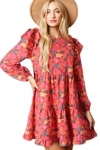 Rose Red Ruffle Shoulder Long Sleeve Floral Mini Dress-Dresses-MomFashion