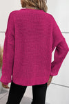 Rose Red Pointelle Knit Button V Neck Drop Shoulder Sweater-Tops-MomFashion