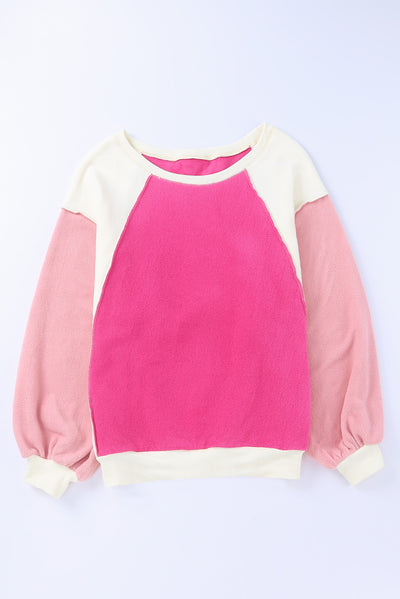 Rose Colorblock Long Sleeve Pullover Fleece Sweatshirt-Tops-MomFashion