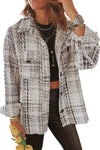 White Plaid Print Pocketed Shirt Jacket-Outerwear-MomFashion