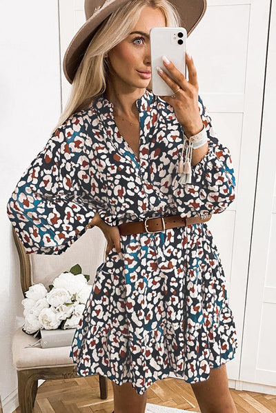 Blue Leopard Print Bubble Sleeve Ruffled Shirt Dress-Dresses-MomFashion