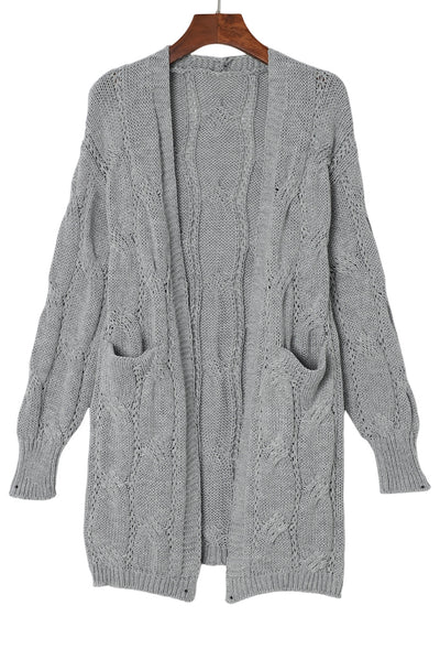 Gray Ribbed Trim Eyelet Cable Knit Cardigan-Tops-MomFashion