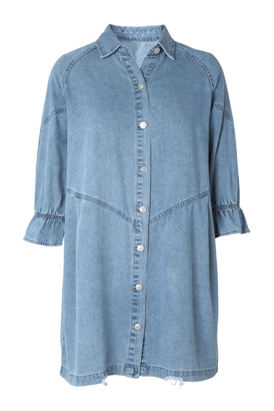 Sky Blue Buttoned Long Sleeve Denim Mini Dress-Dresses-MomFashion