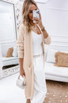 Apricot Ribbed Trim Pockets Open Front Midi Cardigan-Tops-MomFashion