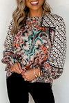 Black Mixed Floral Geometric Print Ruffled Long Sleeve Blouse-Tops-MomFashion