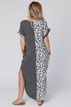 Gray Contrast Solid Leopard Short Sleeve T-shirt Dress with Slits-Dresses-MomFashion