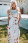 White Striped Floral Print Sleeveless Maxi Dress with Pocket-Dresses-MomFashion