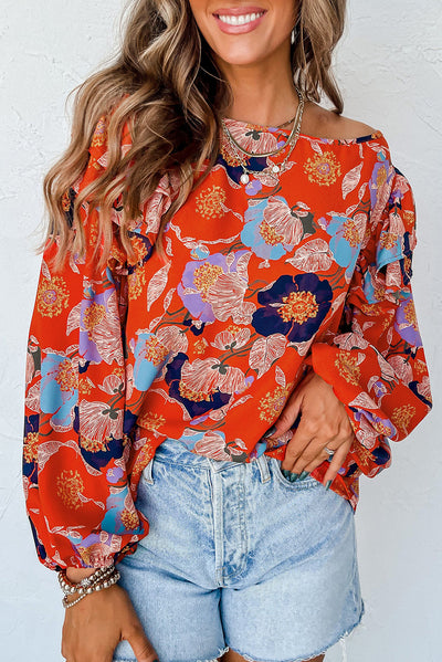 Fiery Red Floral Print Ruffle Puff Sleeve Blouse-Tops-MomFashion