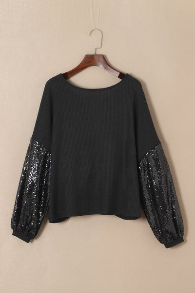 Black Sequin Patchwork Sleeve Open Back Waffle Knit Top-Tops-MomFashion