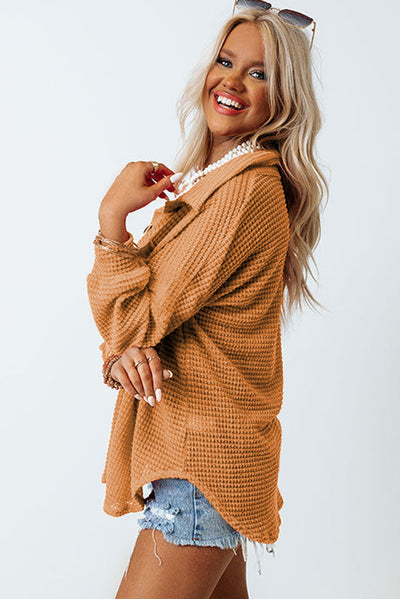 Brown Waffle Knit Button Up Casual Shirt-Tops-MomFashion