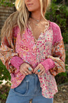 Pink Mixed Floral Printed Puff Sleeve V-Neck Shirt-Tops-MomFashion