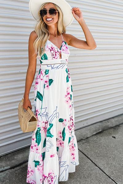 White Floral Twist Cutout Adjustable Straps Maxi Dress-Dresses-MomFashion