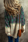 Blackish Green Contrast Plaid Patchwork Chest Pocket Button up Shacket-Outerwear-MomFashion