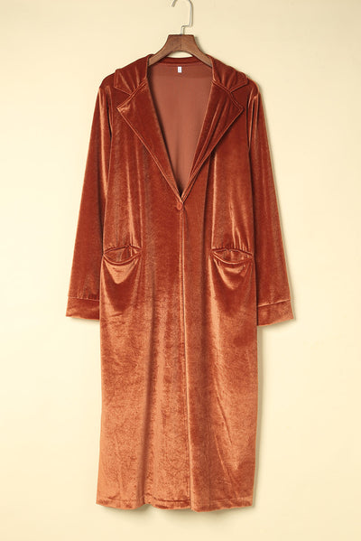 Brown Retro Velvet Long Sleeve Pocket Coat-Outerwear-MomFashion