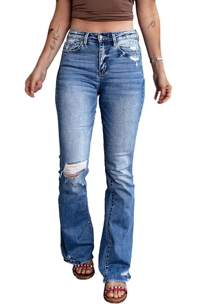 Blue Distressed Flare Jeans-Bottoms-MomFashion