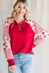 Fiery Red Heart Striped Raglan Sleeve Henley Top-Tops-MomFashion