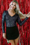 Black Sequin V Neck Zipped Long Sleeve Bodysuit-Tops-MomFashion