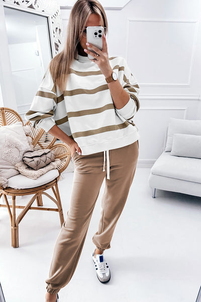 Light French Beige Striped Drop Shoulder Pullover and Jogger Pants Set-Two Piece Sets/Pant Sets-MomFashion