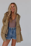 Khaki Tiered Ruffled Zip-Up Drawstring Hooded Jacket-Outerwear-MomFashion