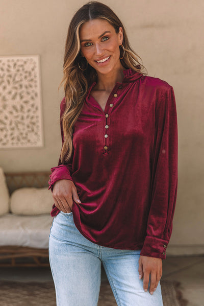 Burgundy Frilled Neck Buttoned Front Velvet Top-Tops-MomFashion