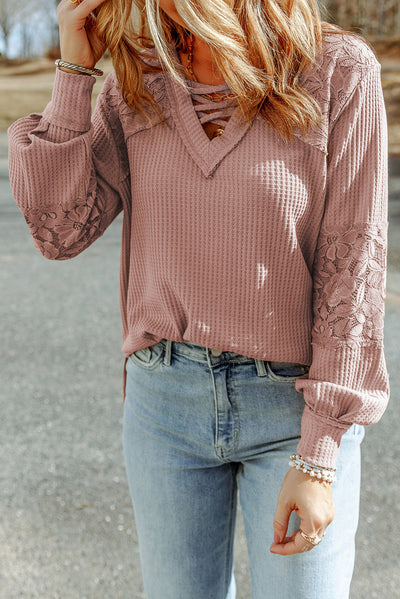 Pink Lace Waffle Patchwork Strappy V Neck Long Sleeve Top-Tops-MomFashion