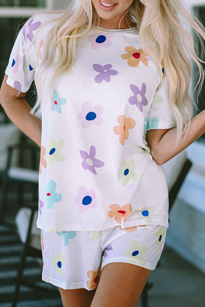 White Flower Print Short Sleeve High Waist Two Piece Shorts Set-Loungewear-MomFashion