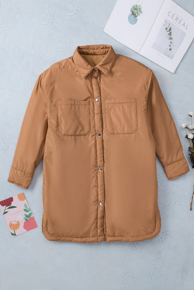 Brown Button Down Padded Jacket with Pockets-Outerwear-MomFashion