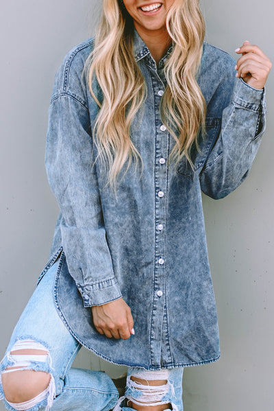 Sky Blue Vintage Washed Chest Pocket Denim Shirt-Tops-MomFashion