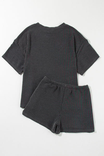 Carbon Grey Ribbed Textured Knit Loose Fit Tee and Shorts Set-Two Piece Sets/Short Sets-MomFashion