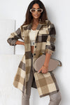 Khaki Plaid Button-Down Flap Pocket Long Shacket-Outerwear-MomFashion