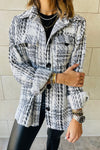 White Plaid Print Pocketed Shirt Jacket-Outerwear-MomFashion