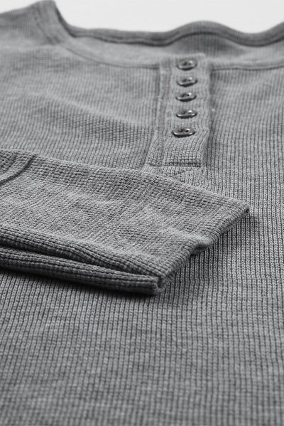 Gray Waffle Knit Henley Top-Tops-MomFashion