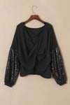 Black Sequin Patchwork Sleeve Open Back Waffle Knit Top-Tops-MomFashion