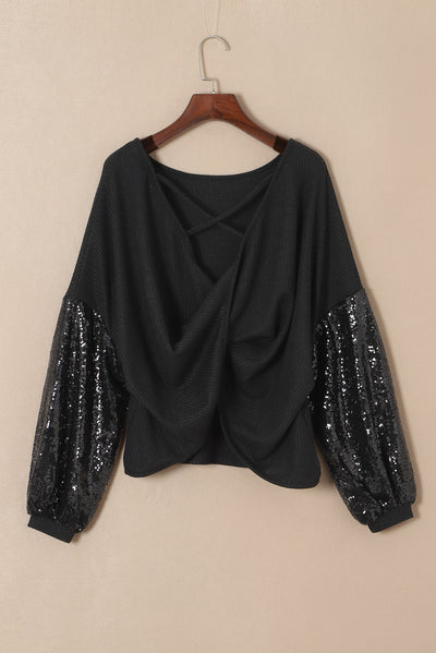 Black Sequin Patchwork Sleeve Open Back Waffle Knit Top-Tops-MomFashion