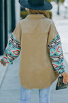 Khaki Aztec Pattern Sleeve Pocketed Corduroy Shacket-Outerwear-MomFashion