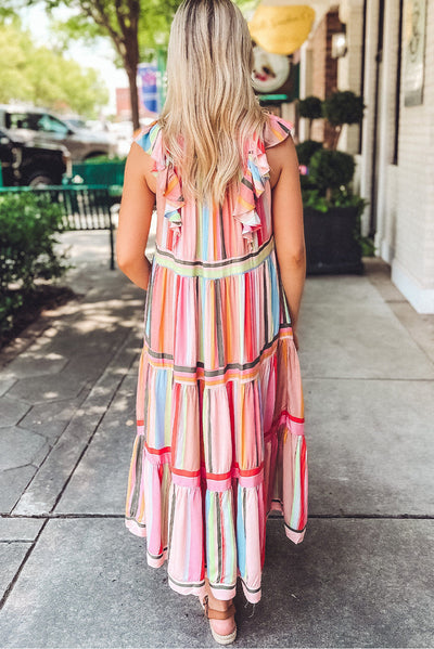 Pink Rainbow Stripe Ruffles Ruched Tiered Dress-Dresses-MomFashion