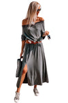 Gray Shirred Off Shoulder Maxi Dress with Split-Dresses-MomFashion