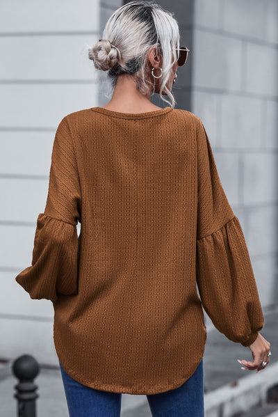 Faux Knit Jacquard Puffy Long Sleeve Top-Tops-MomFashion