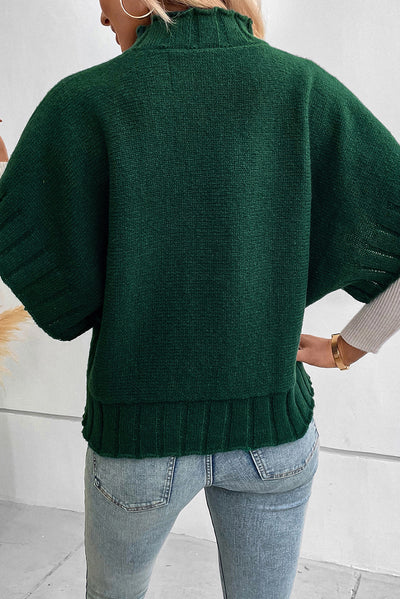 Blackish Green Mock Neck Batwing Short Sleeve Knit Sweater-Tops-MomFashion