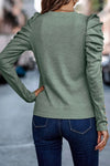 Green Buttoned Puff Long Sleeve Sheath Top-Tops-MomFashion