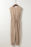 Light French Beige Cap Sleeve Open Back Drawstring Jogger Jumpsuit-Bottoms-MomFashion