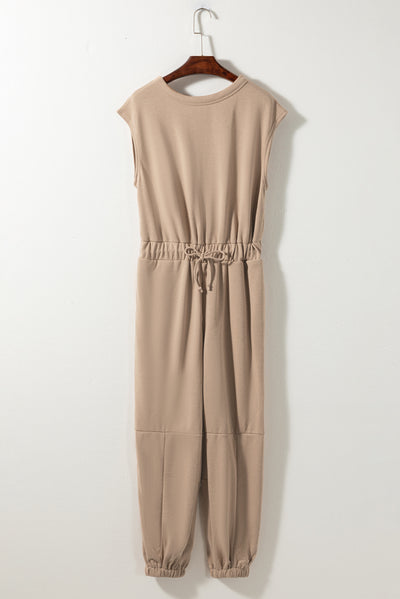 Light French Beige Cap Sleeve Open Back Drawstring Jogger Jumpsuit-Bottoms-MomFashion