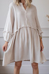 Apricot Frill Trim Half Buttoned Textured Dress-Dresses-MomFashion