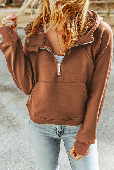 Brown Quarter Zip Kangaroo Pocket Hoodie-Tops-MomFashion