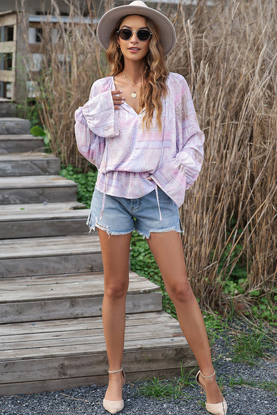 Purple Mixed Print Split Neck Ruffle Bubble Sleeve Blouse-Tops-MomFashion