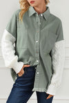 Green Cable Knit Sleeve Raw Hem Shacket-Outerwear-MomFashion