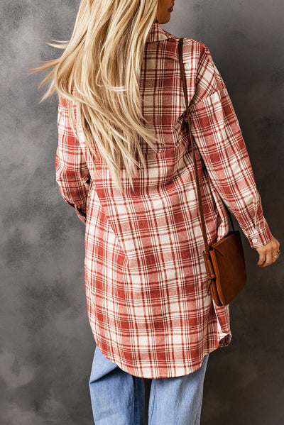 Fiery Red Plaid Print Button Long Shacket-Outerwear-MomFashion