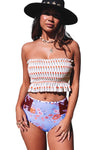 White Printed Smocked High waisted swimsuits-Swimwear-MomFashion